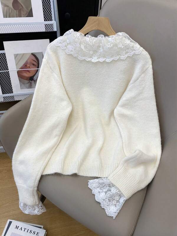 Cardigan blanc à manches longues avec bordure en dentelle