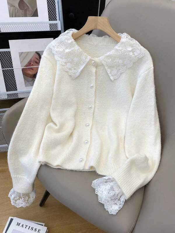 Cardigan blanc à manches longues avec bordure en dentelle