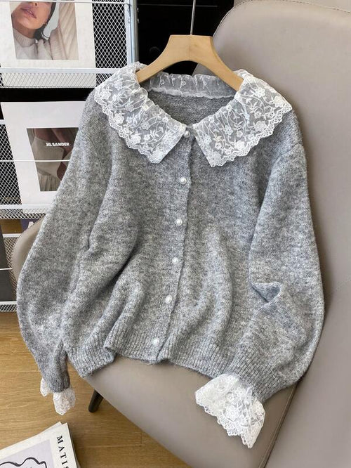 Cardigan blanc à manches longues avec bordure en dentelle